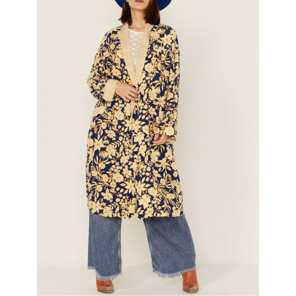 Free People Blue Combo Wild Nights Floral Print Long Sleeve Kimomo Duster Medium